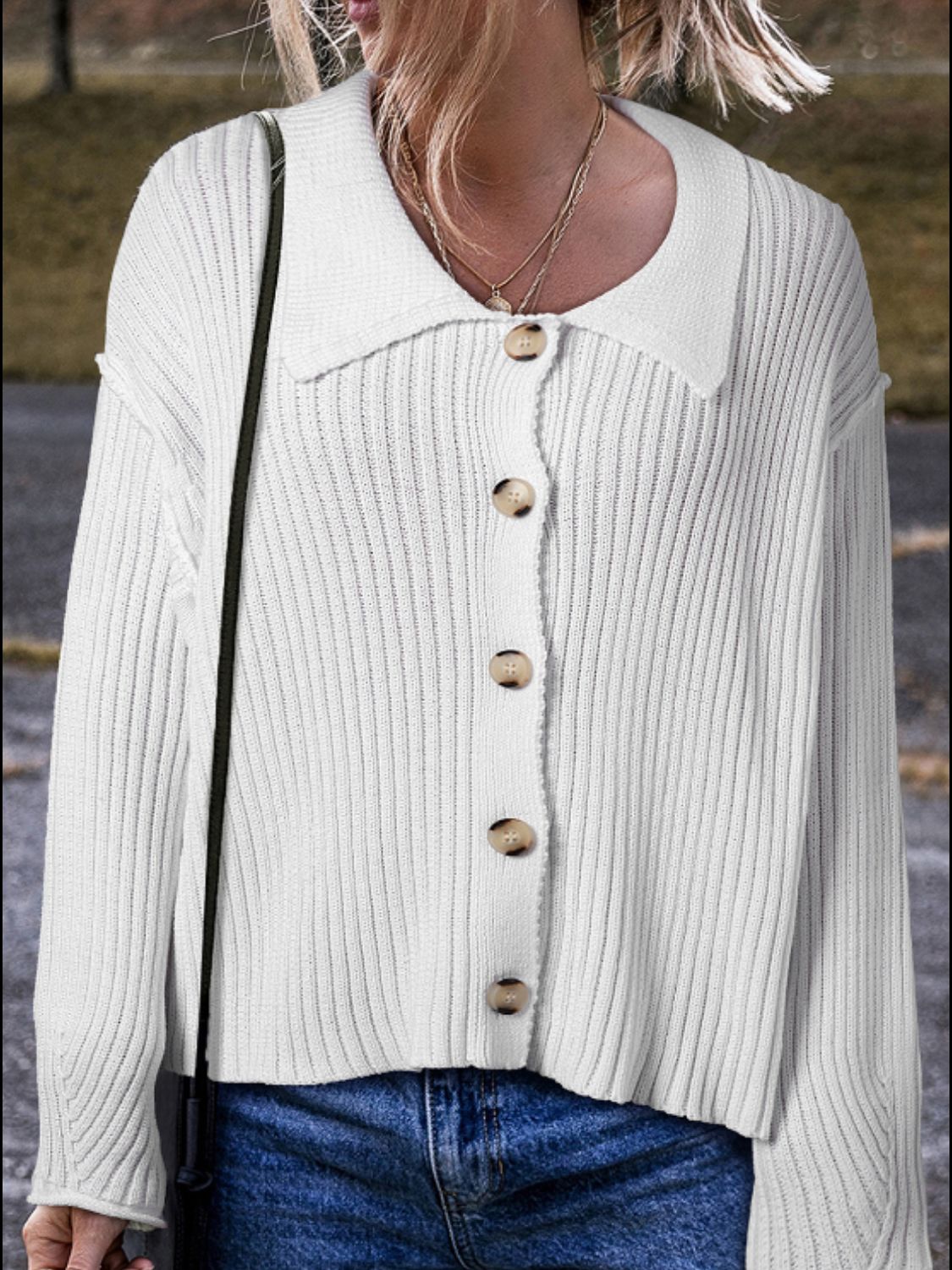 Collared Neck Button Down Long Sleeve Cardigan - Pahabu - Women's Clothing & Shop