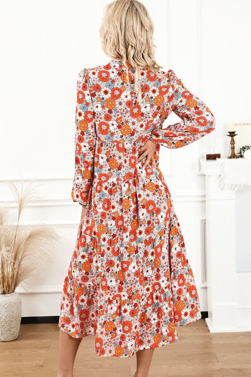 Floral Notched Neck Long Sleeve Dress - Pahabu - Women's Clothing & Shop