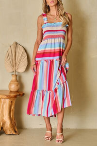 Striped Frill Smocked Tiered Midi Dress - Pahabu - Women's Clothing & Shop
