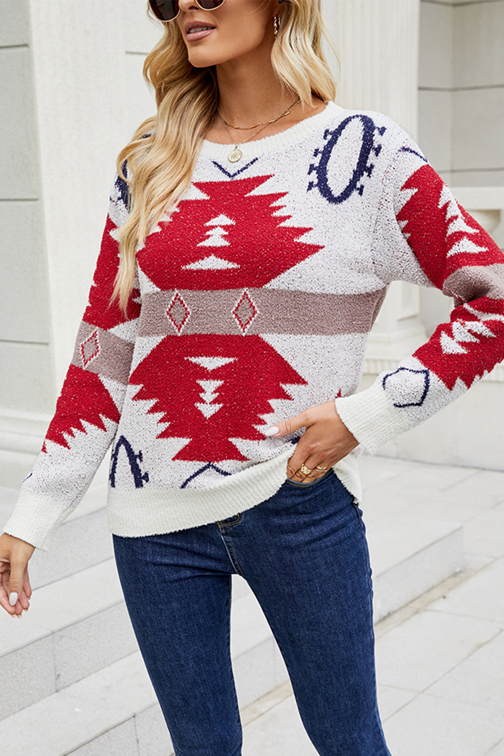 Printed Round Neck Long Sleeve Sweater - Pahabu - Women's Clothing & Shop