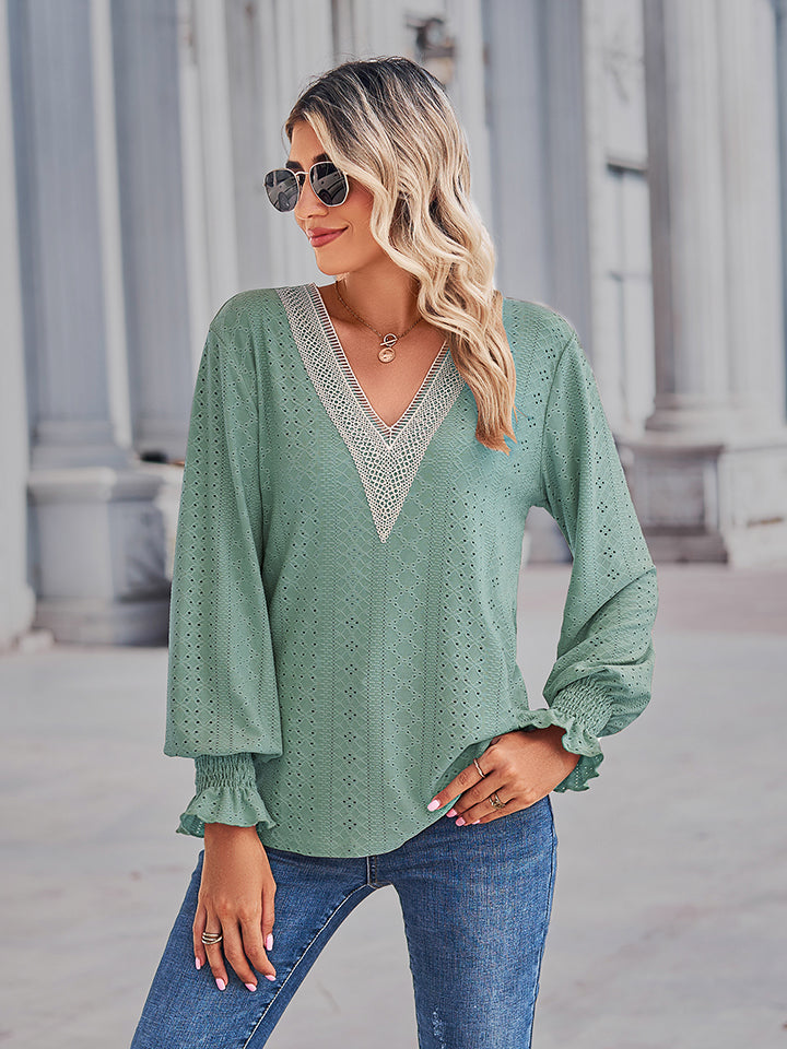 V-Neck Eyelet Flounce Sleeve Blouse - Pahabu - Women's Clothing & Shop
