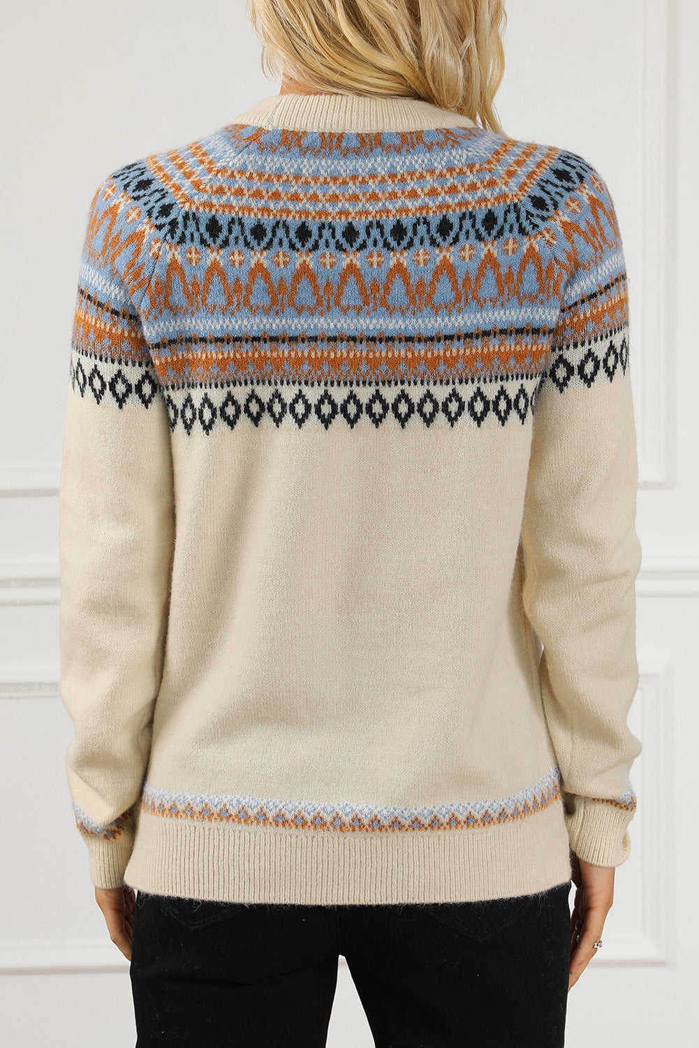 Geometric Round Neck Long Sleeve Sweater - Pahabu - Women's Clothing & Shop