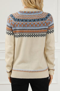 Geometric Round Neck Long Sleeve Sweater - Pahabu - Women's Clothing & Shop