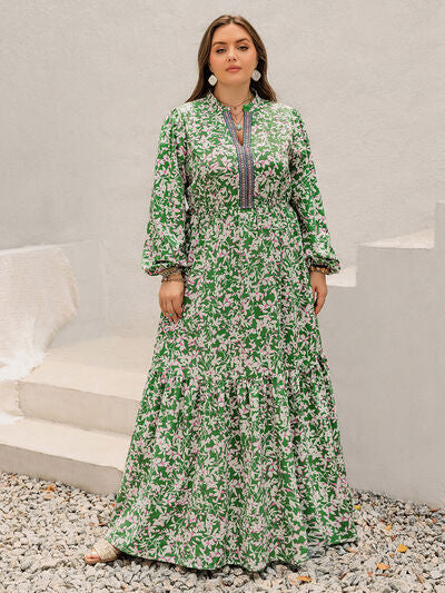 Plus Size Printed Notched Long Sleeve Maxi Dress - Pahabu - Women's Clothing & Shop
