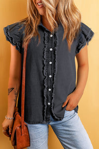 Raw Hem Button Up Cap Sleeve Denim Top - Pahabu - Women's Clothing & Shop