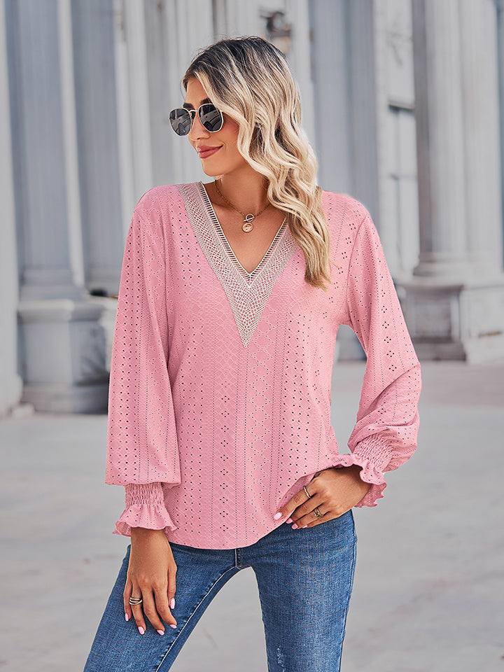 V-Neck Eyelet Flounce Sleeve Blouse - Pahabu - Women's Clothing & Shop