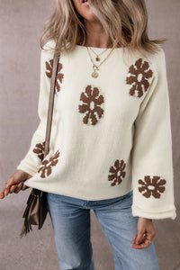 Flower Round Neck Long Sleeve Sweater - Pahabu - Women's Clothing & Shop