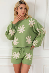 Flower Pattern Long Sleeve Sweater and Drawstring Shorts Set - Pahabu - Women's Clothing & Shop