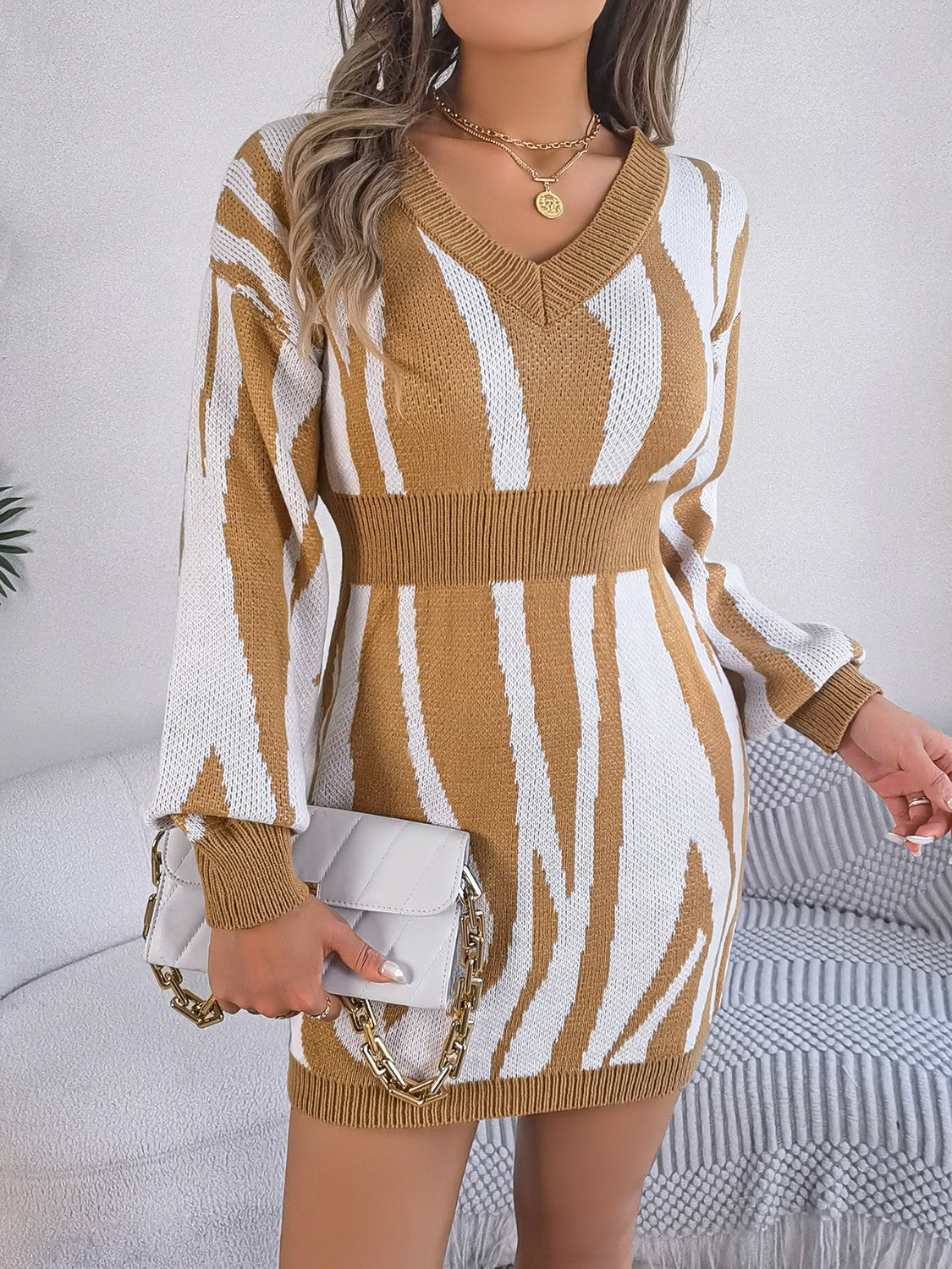 Animal Print V-Neck Long Sleeve Sweater Dress - Pahabu - Women's Clothing & Shop