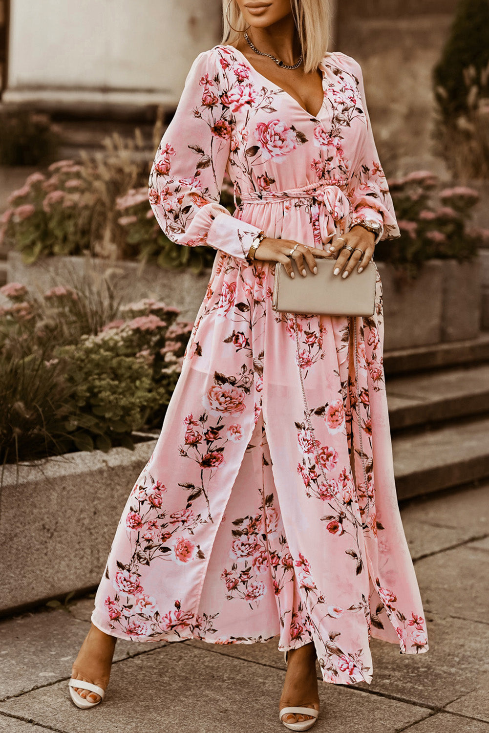 Floral Tie Belt Bishop Sleeve Slit Maxi Dress - Pahabu - Women's Clothing & Shop