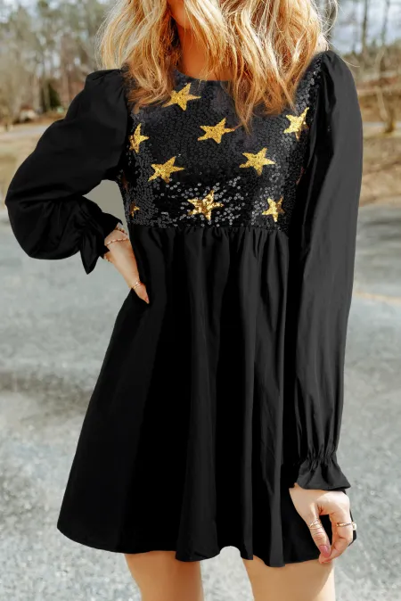Sequin Star Round Neck Flounce Sleeve Mini Dress - Pahabu - Women's Clothing & Shop
