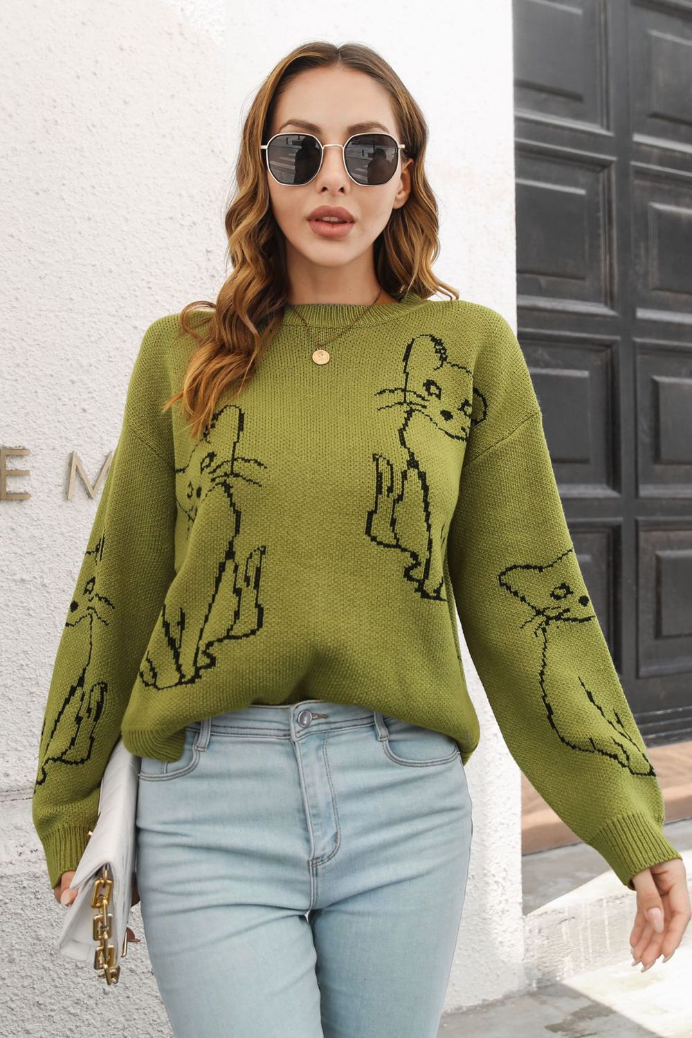 Cat Pattern Round Neck Long Sleeve Pullover Sweater - Pahabu - Women's Clothing & Shop