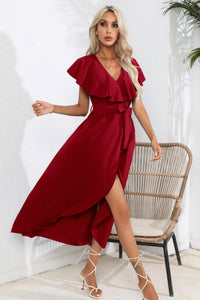 Ruffled Tied V-Neck Midi Dress - Pahabu - Women's Clothing & Shop