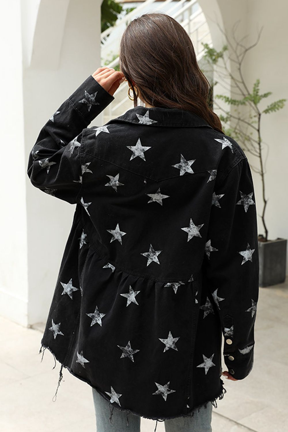 Collared Neck Star Print Long Sleeve Denim Jacket - Pahabu - Women's Clothing & Shop