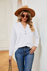 Buttoned Notched Neck Long Sleeve Top - Pahabu - Women's Clothing & Shop