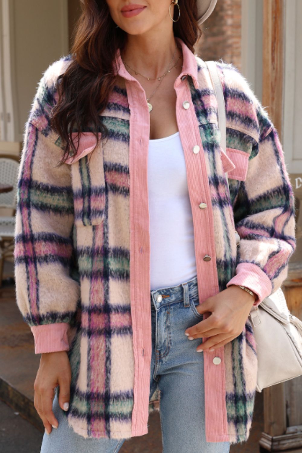 Fuzzy Plaid Corduroy Patchwork Shacket - Pahabu - Women's Clothing & Shop