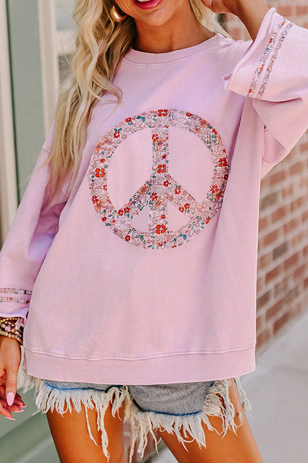 Peace Patch Round Neck Long Sleeve Top - Pahabu - Women's Clothing & Shop