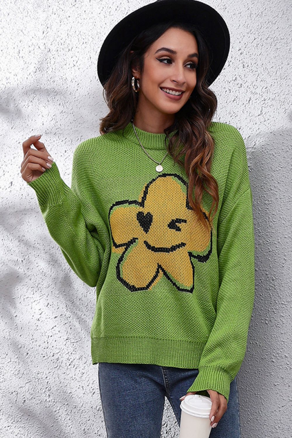 Flower Graphic Drop Shoulder Sweater - Pahabu - Women's Clothing & Shop