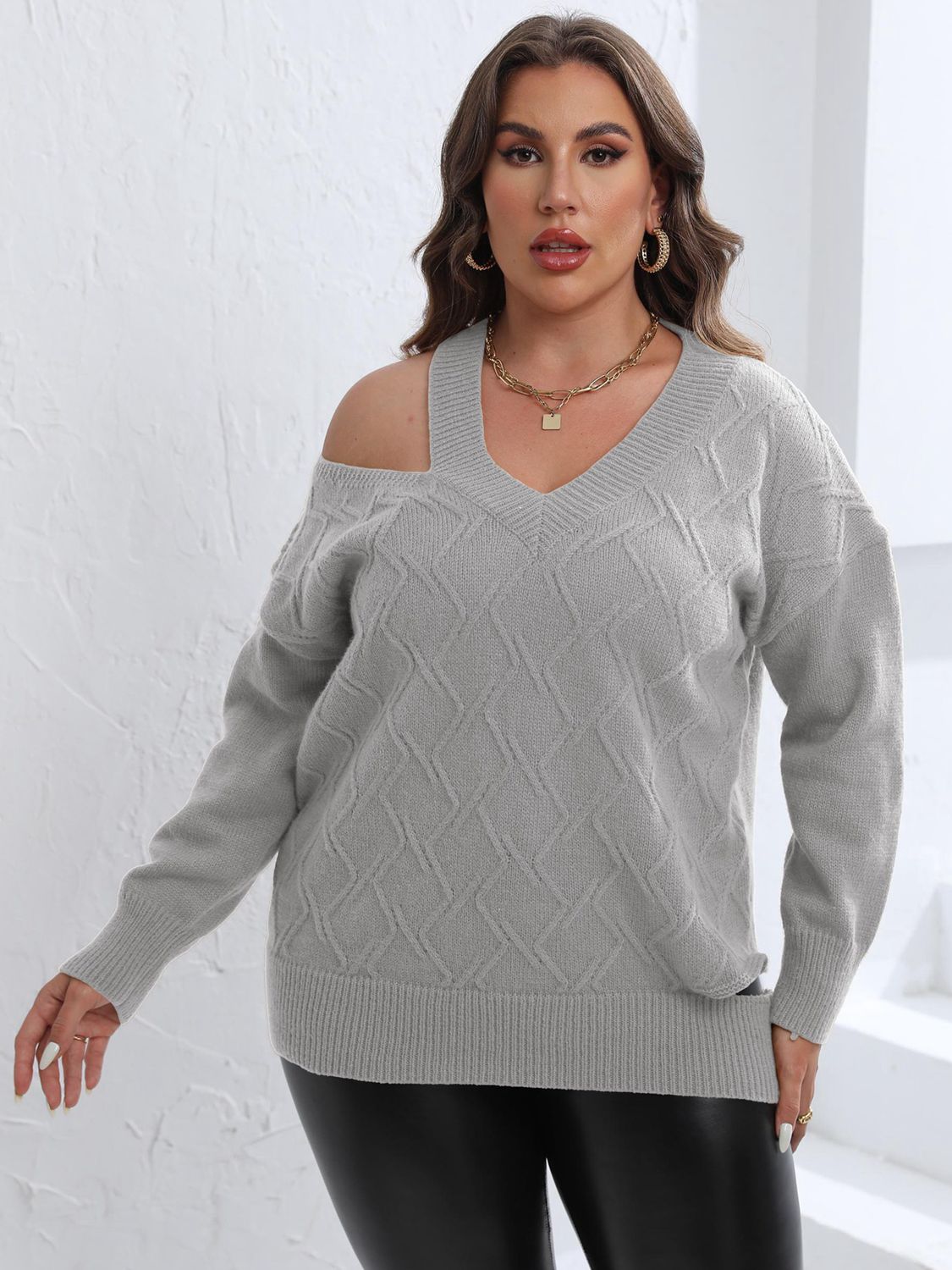Plus Size Cutout V-Neck Sweater - Pahabu - Women's Clothing & Shop