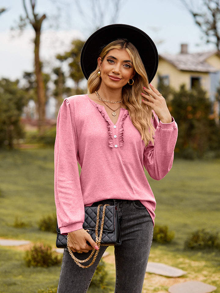 Puff Sleeve Ruffle Trim Blouse - Pahabu - Women's Clothing & Shop