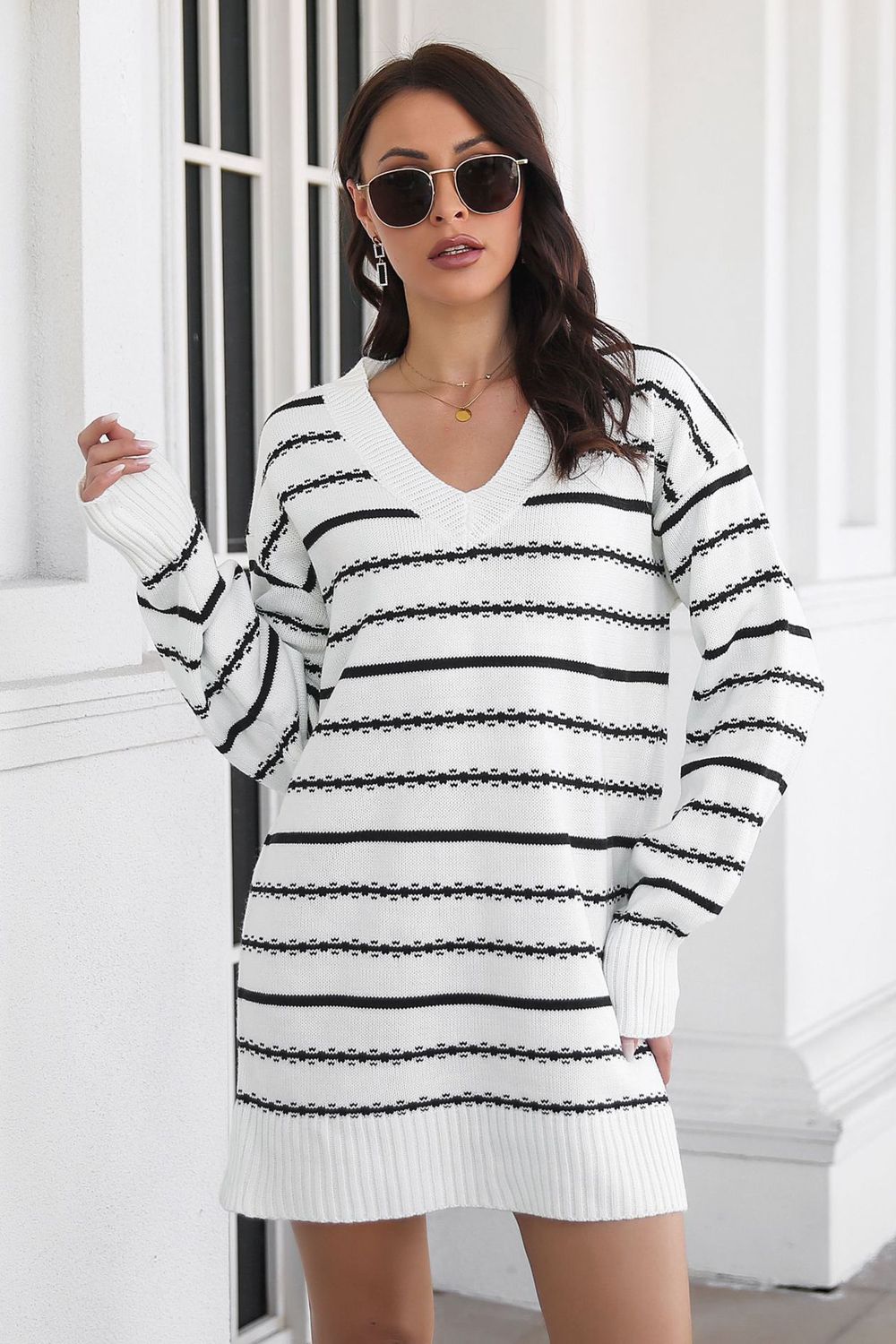 Striped V-Neck Sweater Dress - Pahabu - Women's Clothing & Shop