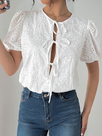 Perfee Tied Eyelet Short Sleeve Bodysuit - Pahabu - Women's Clothing & Shop