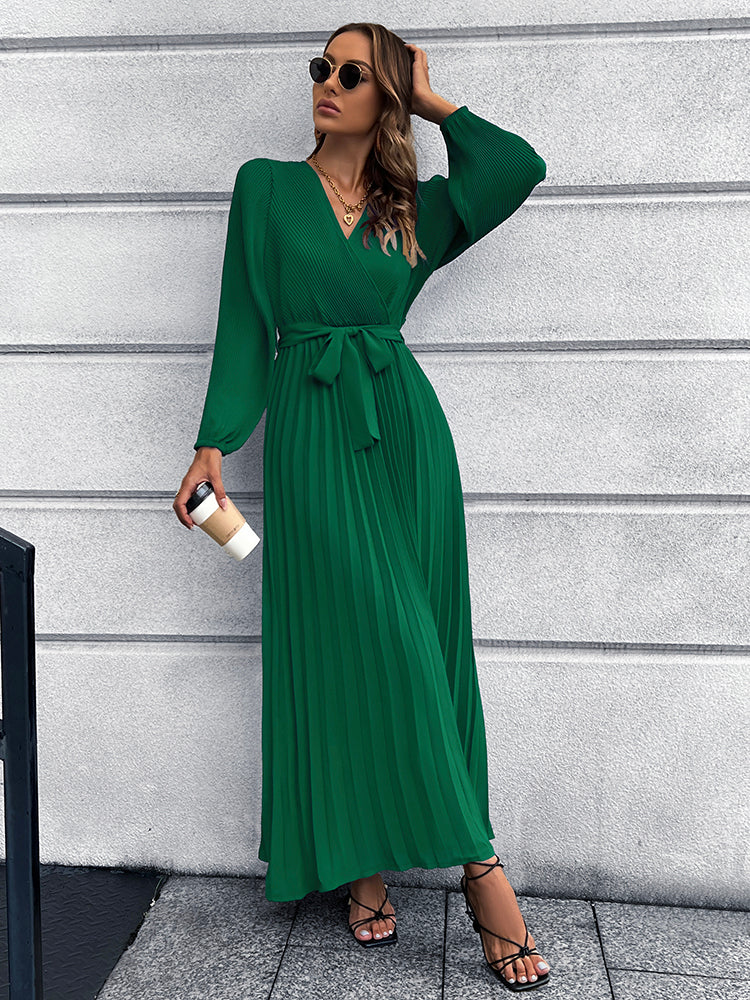 V-Neck Tie Waist Pleated Maxi Dress - Pahabu - Women's Clothing & Shop