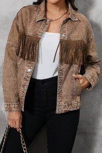 Fringe Trim Snap Down Denim Jacket - Pahabu - Women's Clothing & Shop