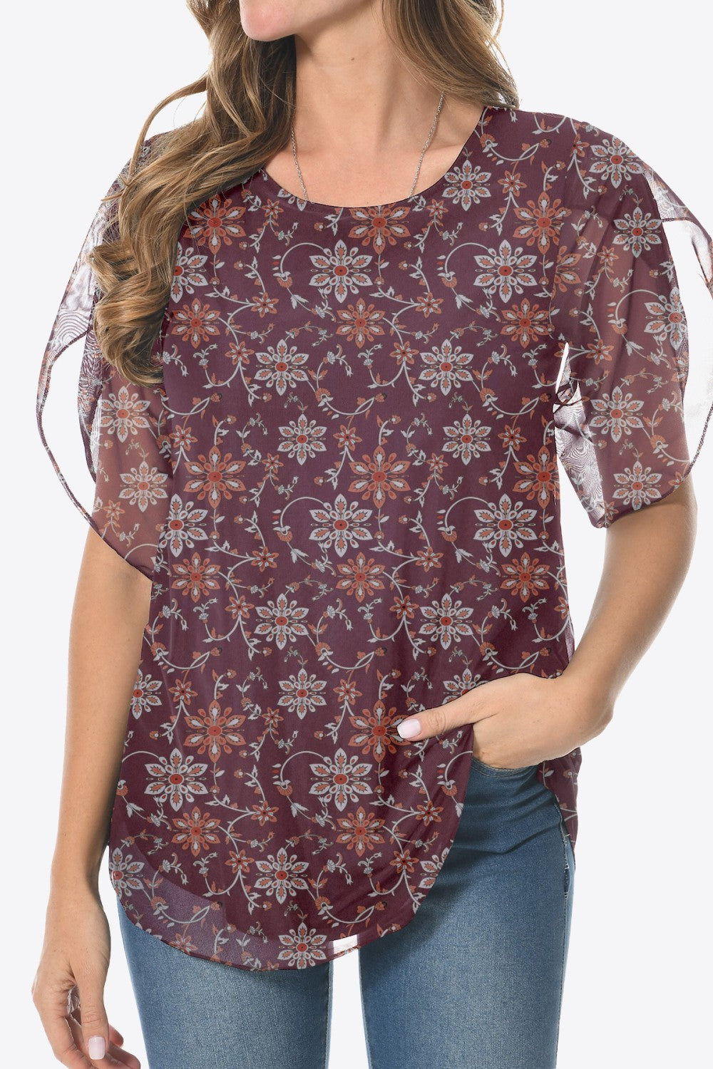 Printed Round Neck Curved Hem Blouse - Pahabu - Women's Clothing & Shop