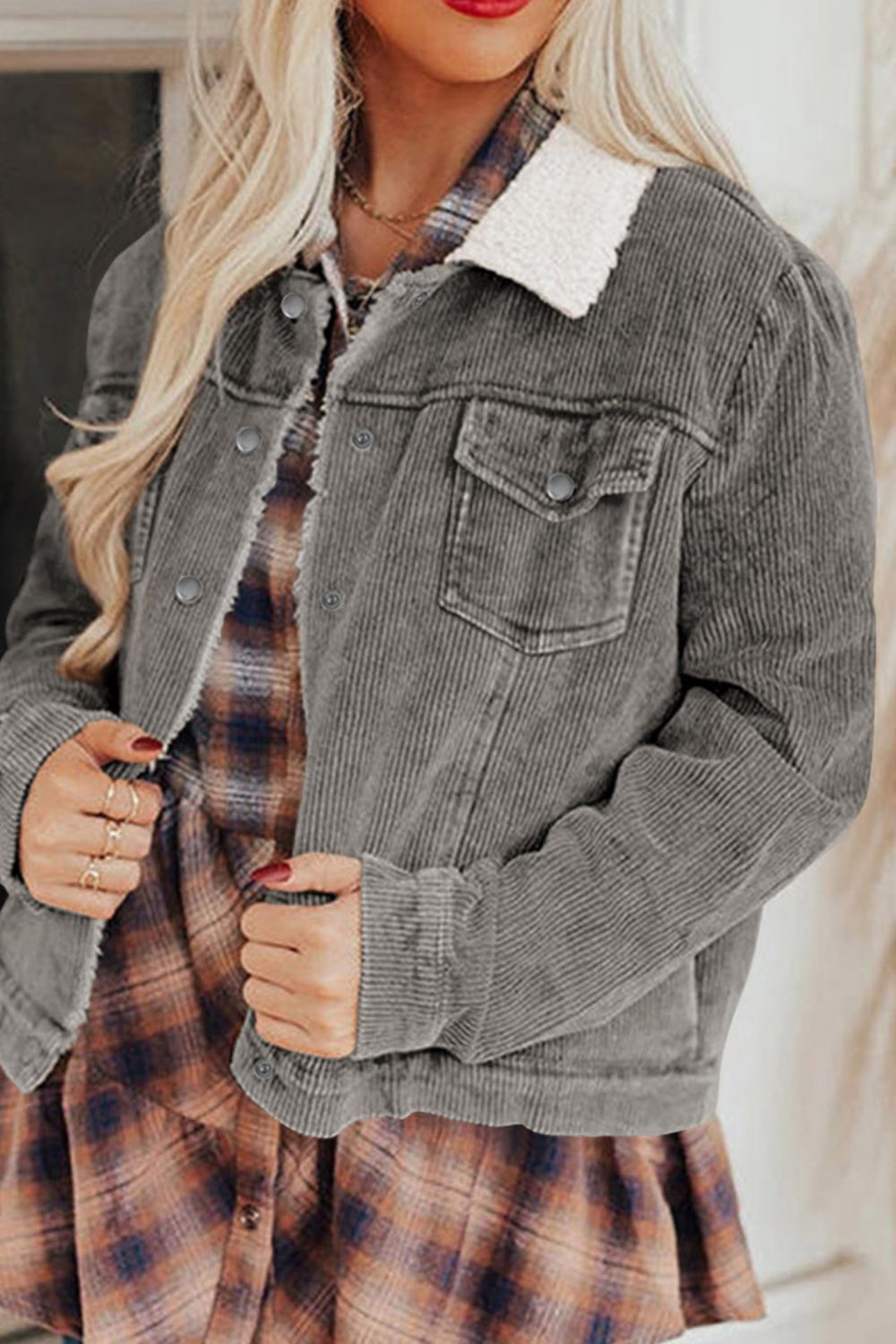 Corduroy Collared Neck Snap Down Jacket - Pahabu - Women's Clothing & Shop
