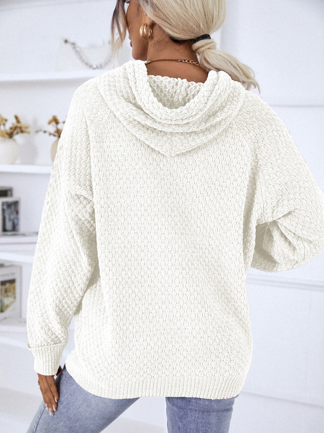 Texture Drawstring Long Sleeve Hooded Sweater - Pahabu - Women's Clothing & Shop