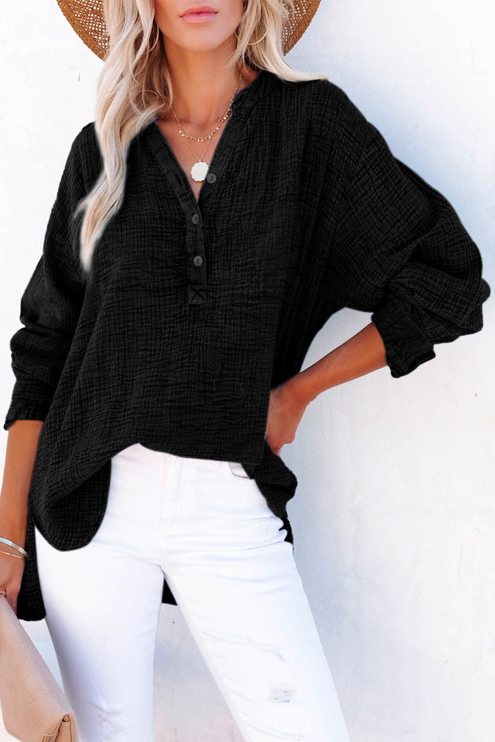 Buttoned Long Sleeve Blouse - Pahabu - Women's Clothing & Shop