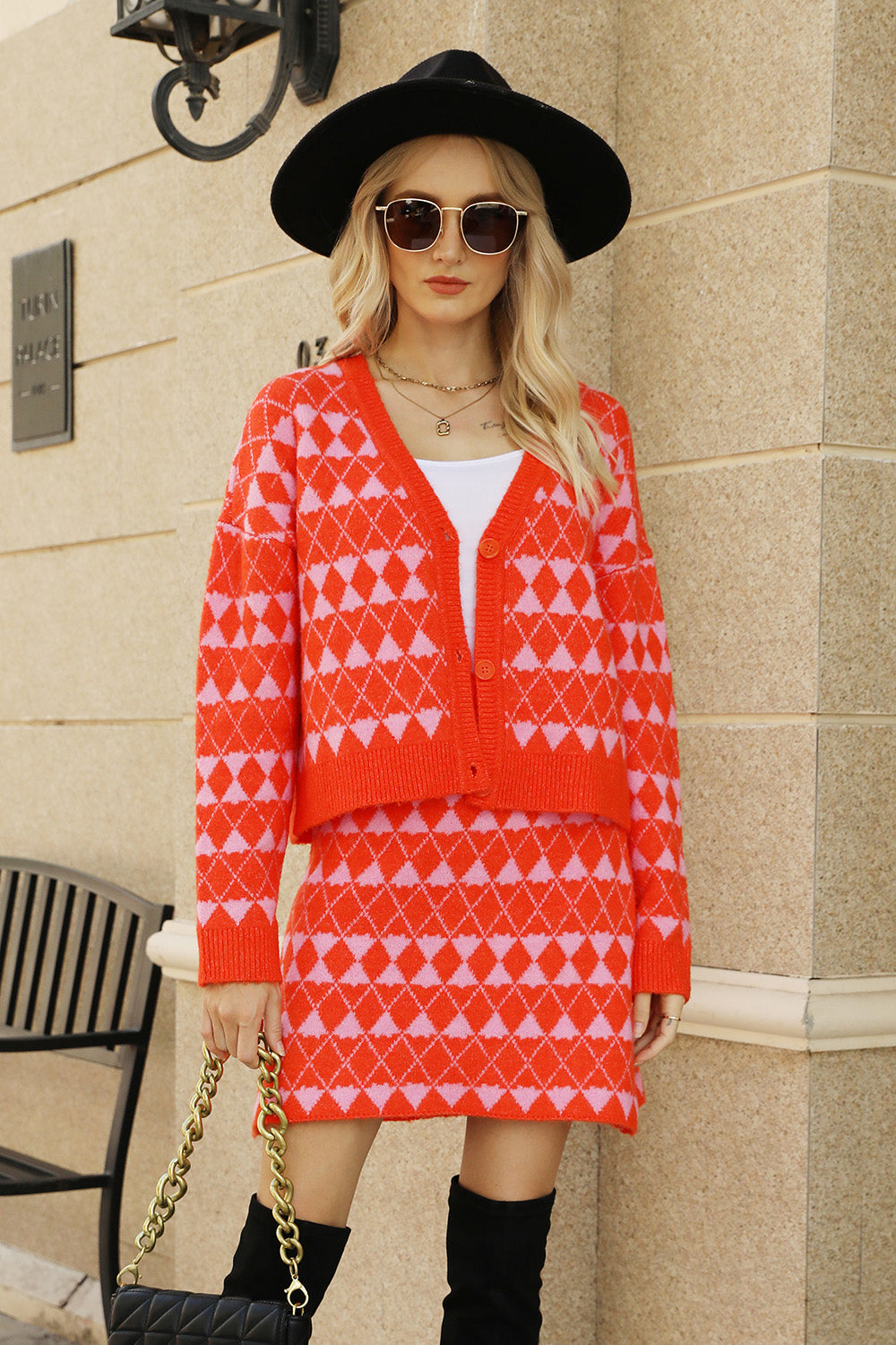 Geometric Button Front Cardigan and Skirt Set - Pahabu - Women's Clothing & Shop
