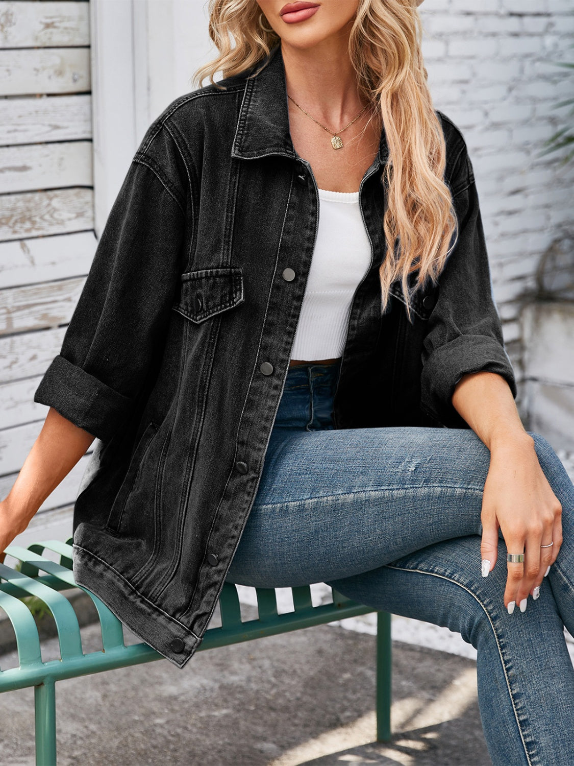 Button Up Long Sleeve Denim Jacket - Pahabu - Women's Clothing & Shop