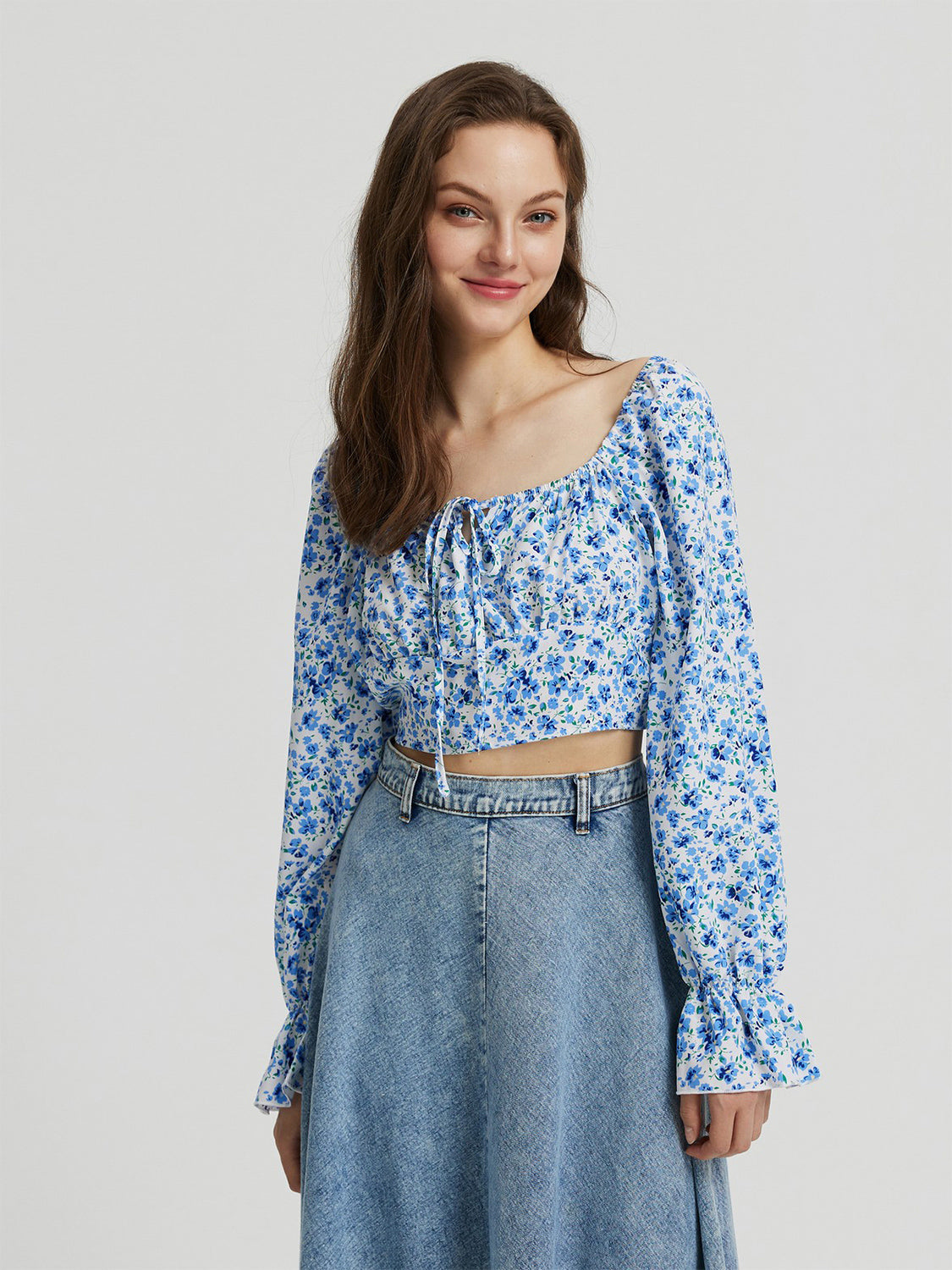 Honey Floral Tie Front Square Neck Flounce Sleeve Blouse - Pahabu - Women's Clothing & Shop