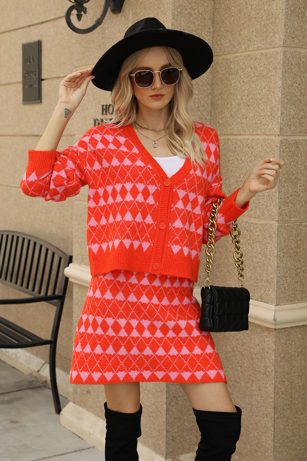 Geometric Button Front Cardigan and Skirt Set - Pahabu - Women's Clothing & Shop