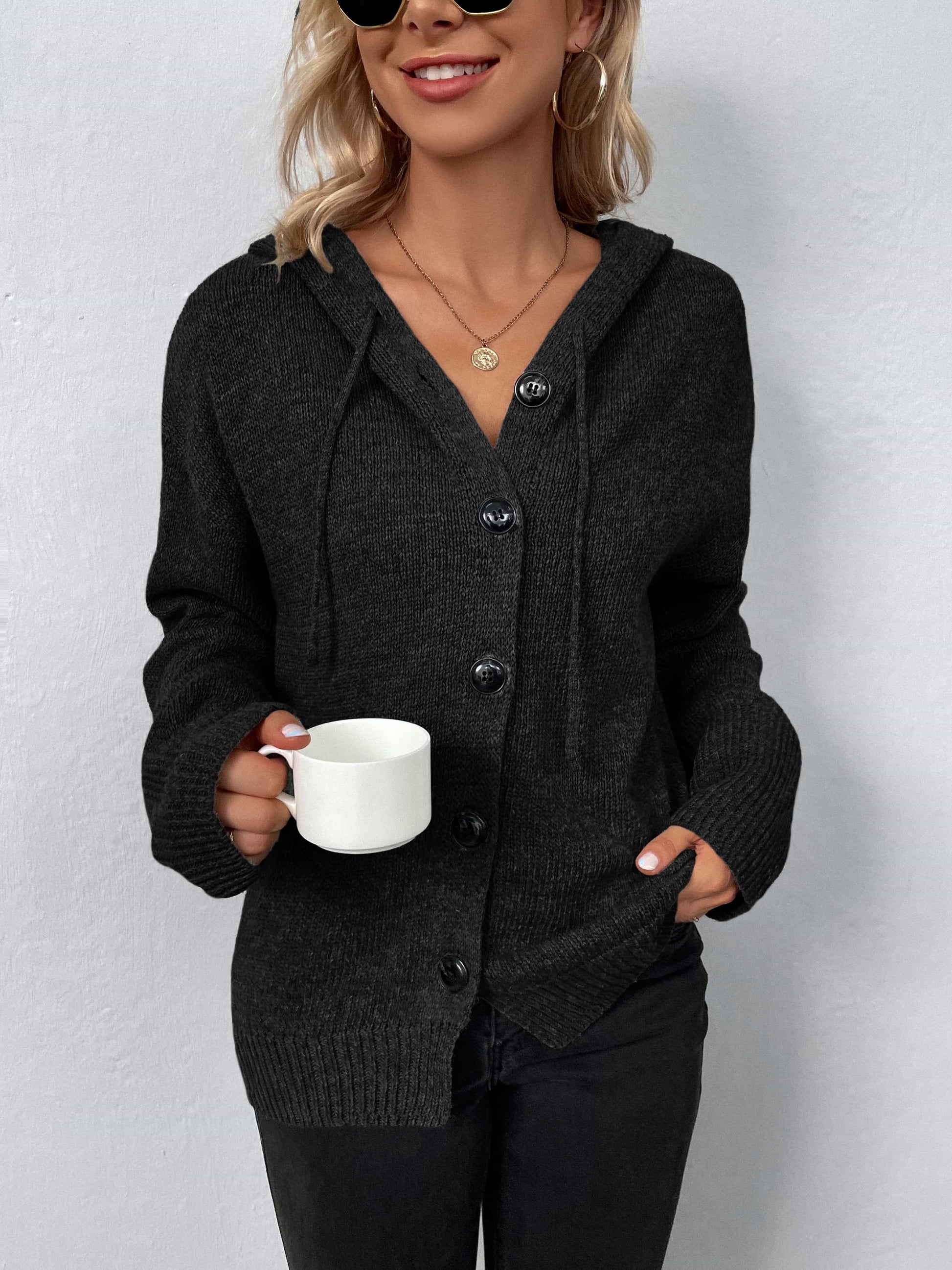 Button-Down Long Sleeve Hooded Sweater - Pahabu - Women's Clothing & Shop