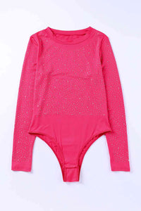 Rhinestone Round Neck Long Sleeve Bodysuit - Pahabu - Women's Clothing & Shop