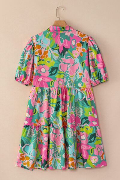 Printed Collared Neck Puff Sleeve Mini Dress - Pahabu - Women's Clothing & Shop