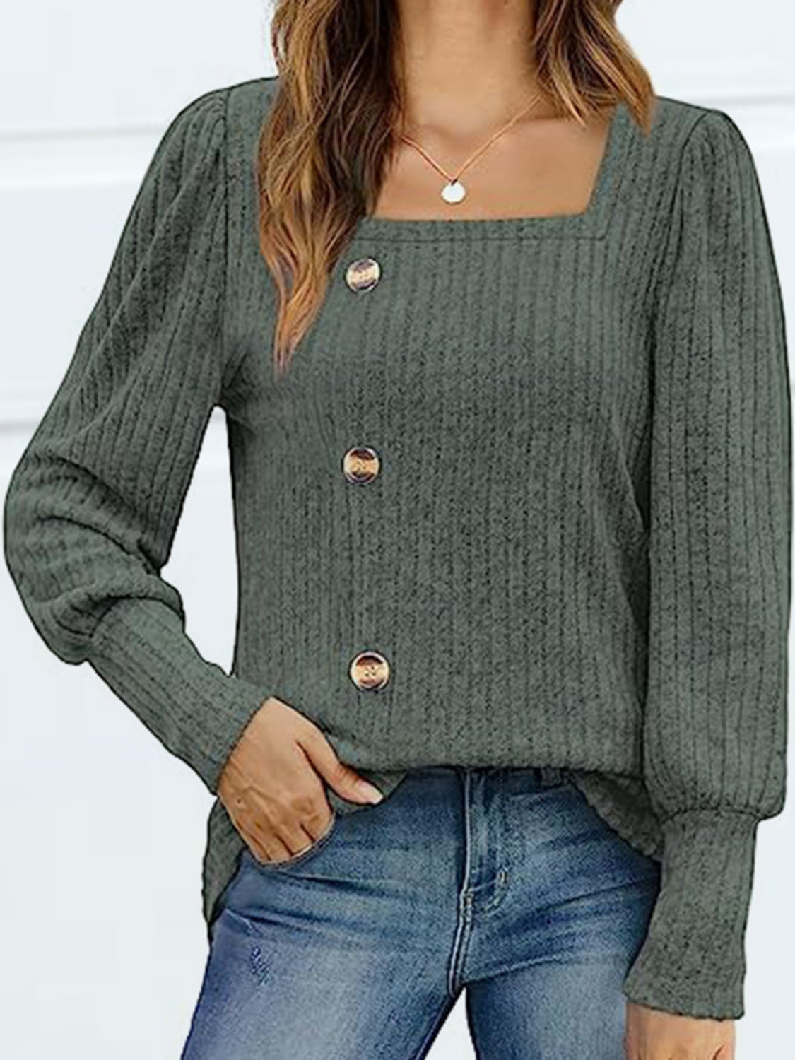 Decorative Button Square Neck Top - Pahabu - Women's Clothing & Shop