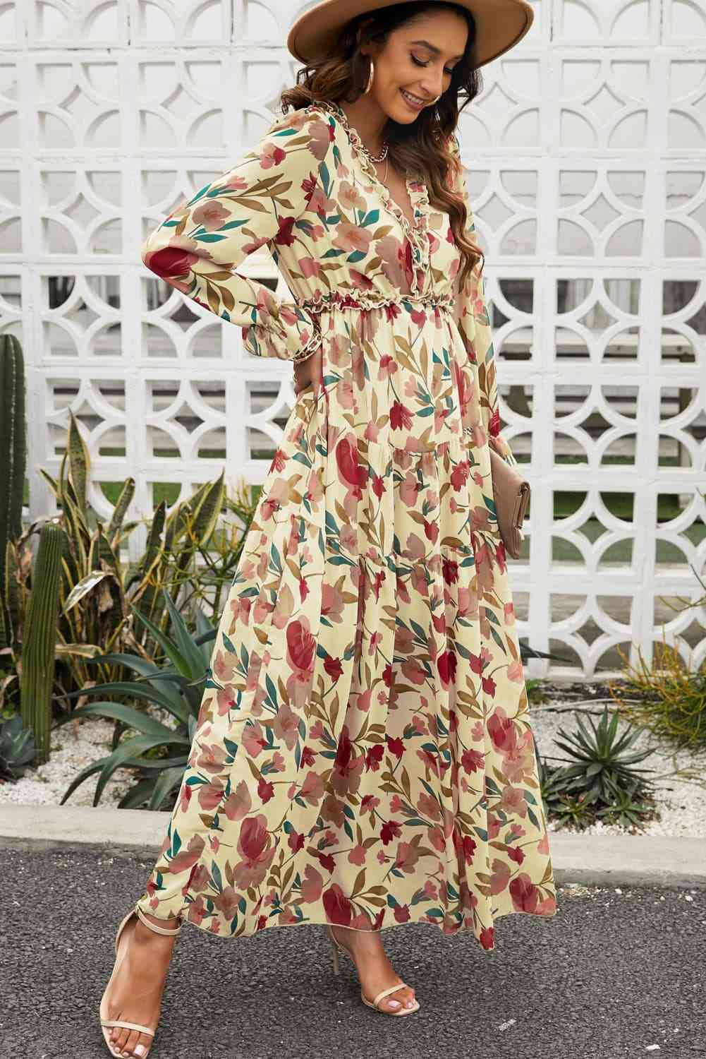 Floral Frill Trim Flounce Sleeve Plunge Maxi Dress - Pahabu - Women's Clothing & Shop