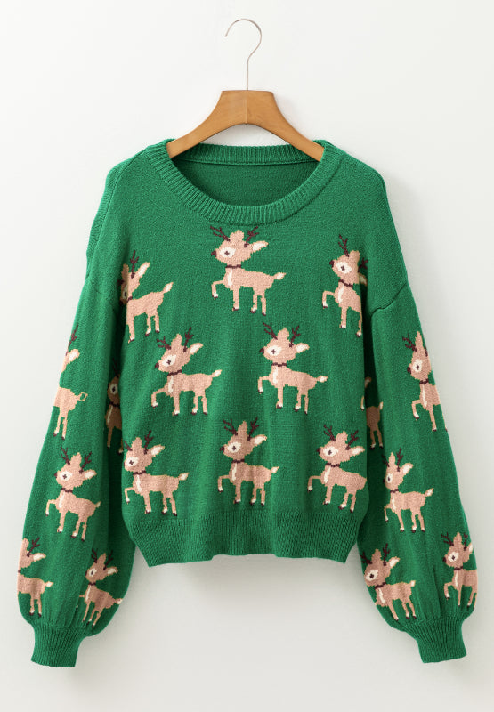 Reindeer Round Neck Drop Shoulder Sweater - Pahabu - Women's Clothing & Shop