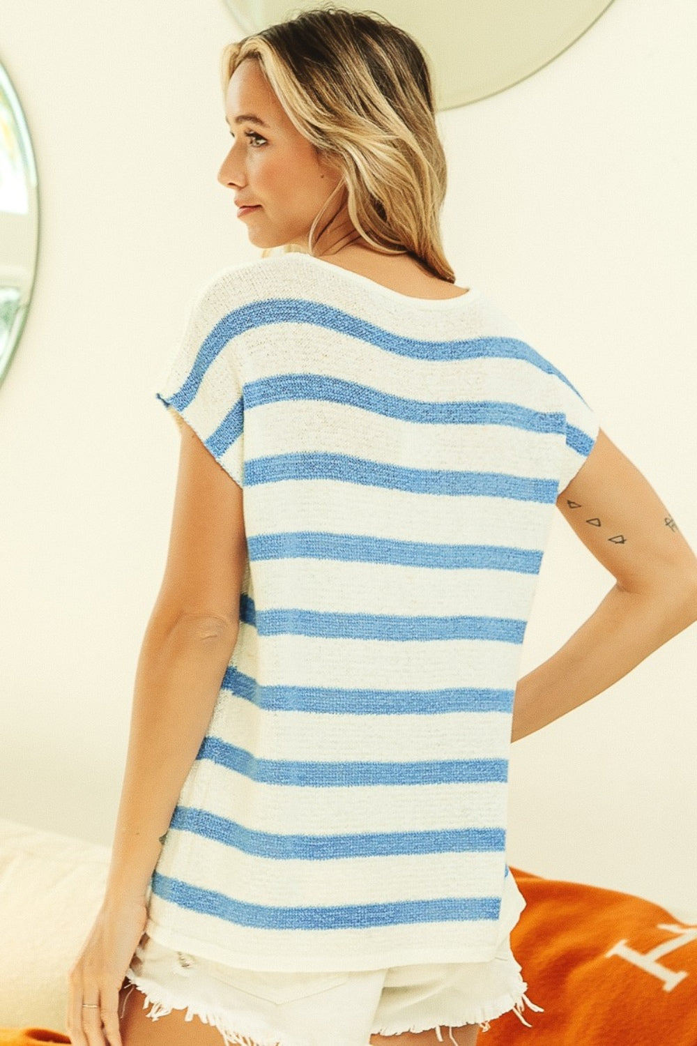 BiBi Striped Round Neck Short Sleeve Knit Top