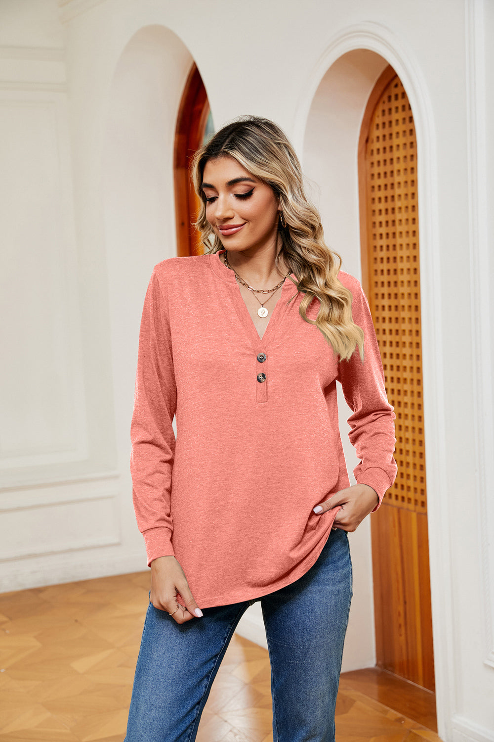 Buttoned Notched Neck Long Sleeve Top - Pahabu - Women's Clothing & Shop