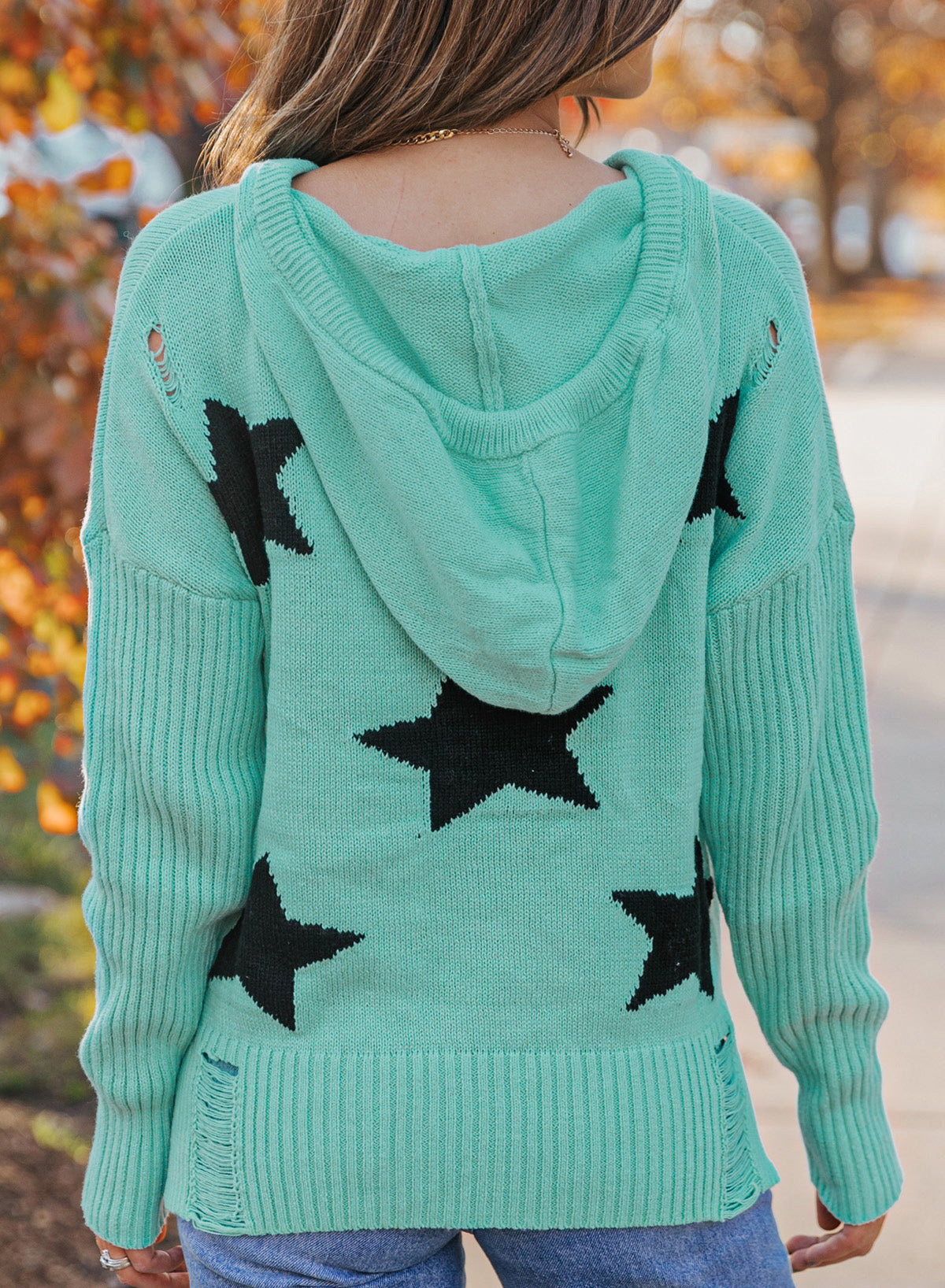 Woven Right Star Distressed Slit Hooded Sweater - Pahabu - Women's Clothing & Shop
