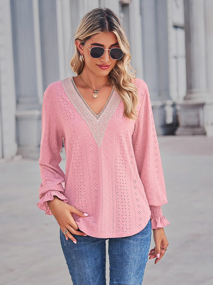 V-Neck Eyelet Flounce Sleeve Blouse - Pahabu - Women's Clothing & Shop