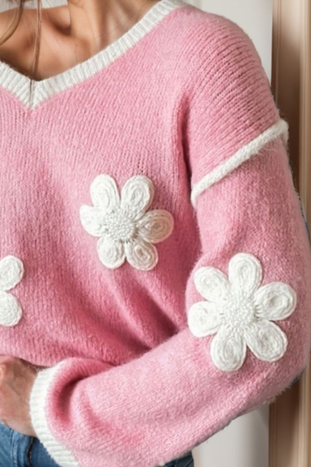 Flower V-Neck Dropped Shoulder Sweater - Pahabu - Women's Clothing & Shop