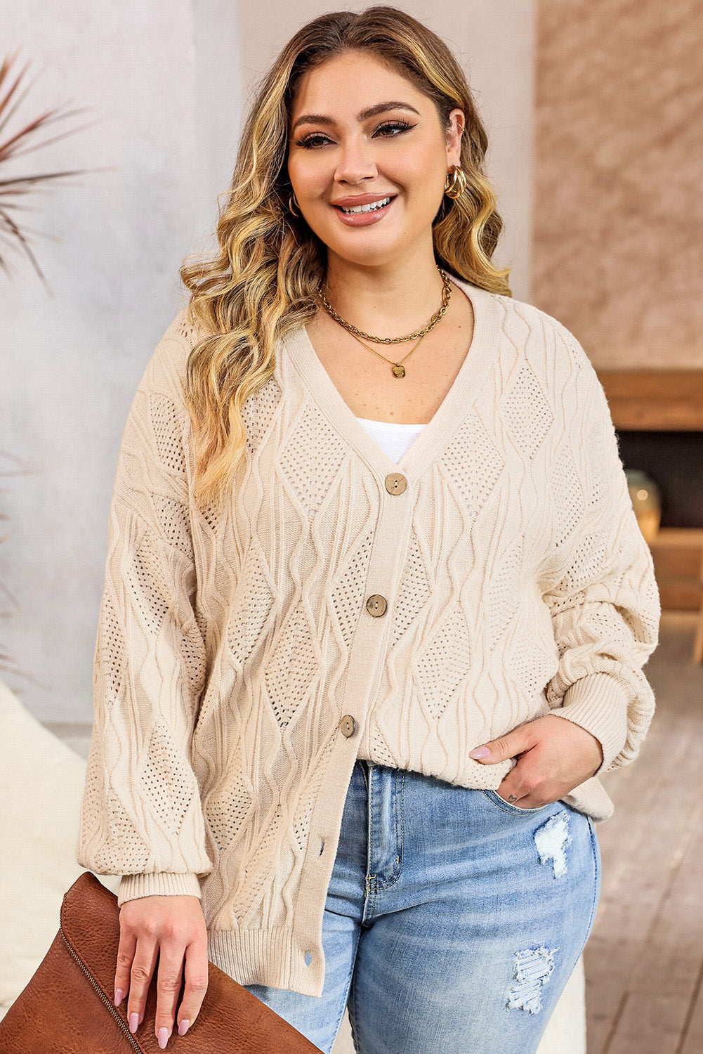 Plus Size Cable-Knit Button Up Sweater - Pahabu - Women's Clothing & Shop