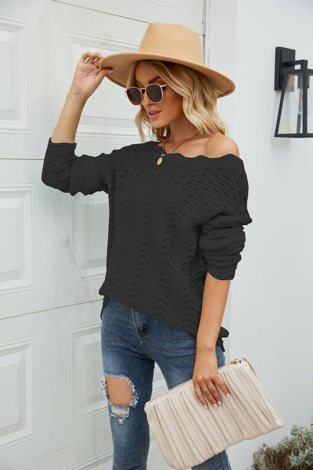 Woven Right Scalloped Boat Neck Openwork Tunic Sweater - Pahabu - Women's Clothing & Shop