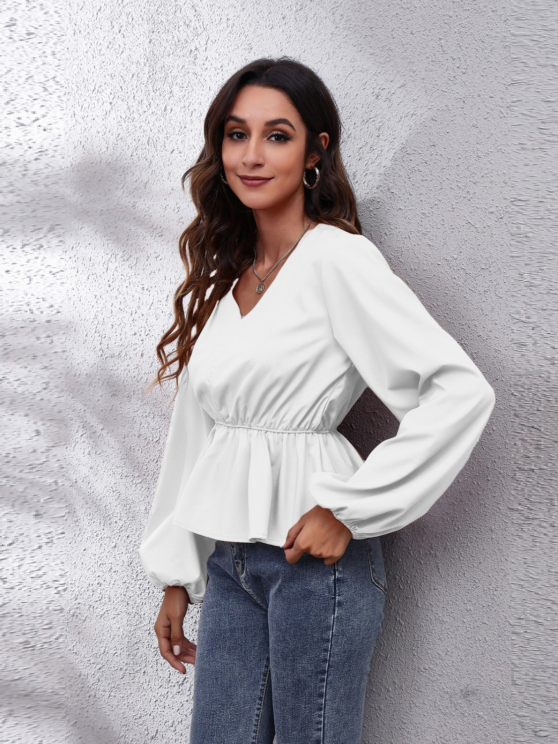 V-Neck Balloon Sleeve Peplum Blouse - Pahabu - Women's Clothing & Shop